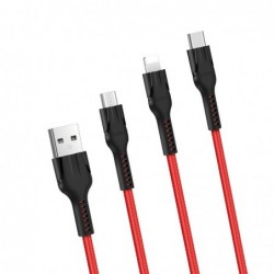 Καλώδιο σύνδεσης Hoco U31 Benay Braided με Νάυλον Κορδόνι 3 σε 1 USB σε Micro-USB, Lightning, USB-C Κόκκινο 1,2m