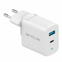 Φορτιστής Ταξιδίου Ancus Supreme Series Dual με USB και USB-C PD 30W Λευκός με LED και Αντάπτορα UK Plug
