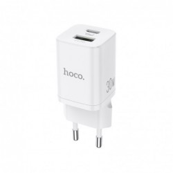 Φορτιστής Ταξιδίου Hoco N13 Bright Fast Charge PD30W, QC3.0 USB-C 30W USB-A 18W 5V/3A Λευκό