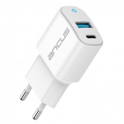 Φορτιστής Ταξιδίου Switching Ancus Supreme Series C70L Dual Fast Charge USB/USB-C Έξοδο QC3.0 PD 20W Λευκό με LED