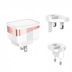 Φορτιστής Ταξιδίου Hoco C83 Detachable pin Triple USB 2.4A Λευκός με Αποσπώμενη Πρίζα EU / UK / US