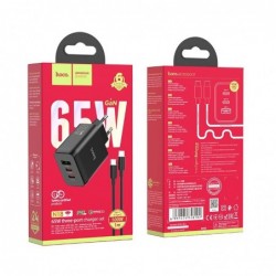 Φορτιστής Ταξιδίου Hoco N18 Phenomenon Fast Charging 65W 2 x USB-C,1 x USB-A 5V/3A με Αποσπώμενο Καλώδιο USB-C 1μ. Μαύρος GaN Te